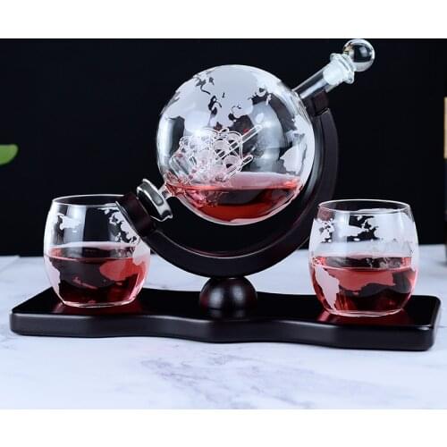 850ml Whiskey Decanter Globe Set with 2 Etched Wine Glasses & Oval Solid Wood Tray Vodka Decanter Excellent Party Gifts for Man