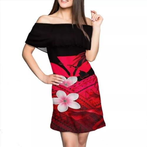 HYCOOL Hawaii Flower Sexy Off the Shoulder Polynesian Tribal Maxi Dress Bodycon Red Short Black Sleeveless Maternity Dress