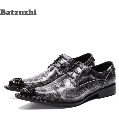 Batzuzhi Fashion Mens Shoes Pointed Toe Metal Tip Leather Dress Shoes Lace-up Sapato Masculino Business Party Men Leather Shoes