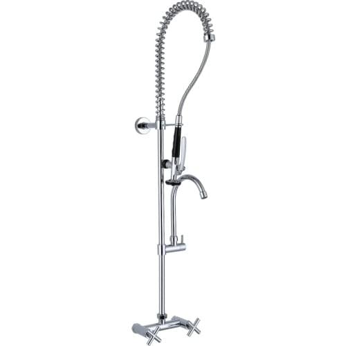 Wall Mounted brass Pre-rinse Kitchen Sink Faucet,Double Hanlde Commercial Kitchen Faucet With Pull Down Pre-rinse Sprayer Spout