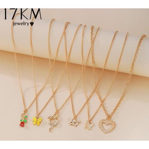 17KM 6Pcs/set Rose Lock Snake Pendant Necklace for Women Gifts Fashion Crystal Butterfly Heart Angel Necklaces Letter Jewelry