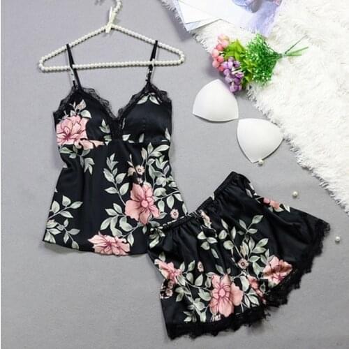 Sleep Lounge Pajama Set Sexy Sleepwear Women Summer Pyjama Femme Fashion Floral Print Pajamas for Women with Chest Pad