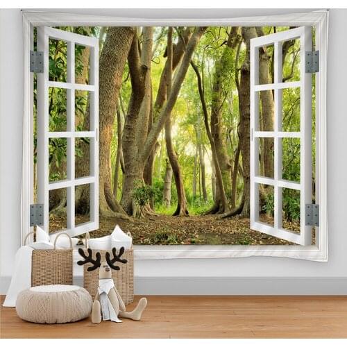 Window Forest Plant Landscape Tapestry Natural Scenery Wall Hanging Tapestry Indian Mandala Hippie Bohemian Blanket Home Decor