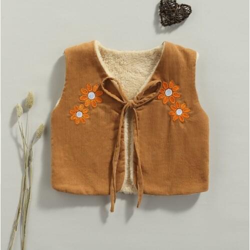 Toddler Baby Girls Casual Reversible Waistcoat Khaki Floral Embroidery Pattern Jackets Tie-up Vest Winter Children Outerwear