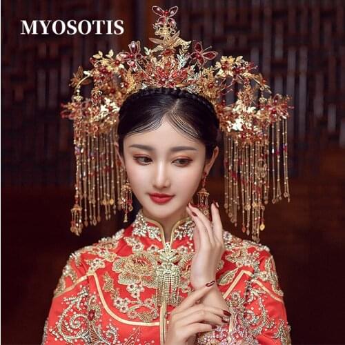 Luxury Chinese Phoenix Bridal Crowns Red Crystal Empress Princess Hairpins Stage Performance Wedding Party Accessories
