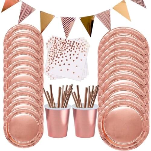 Pink Blue Rose Gold Polka Dot Stamping Disposable Tableware Paper Plate Cup Birthday Party Decoration Kids Adult Wedding Party