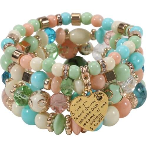 Bohemian Beaded Peach Heart Love Bracelet Europe and America Jewelry Wholesale Rhinestone Elastic Bracelet Four Pack