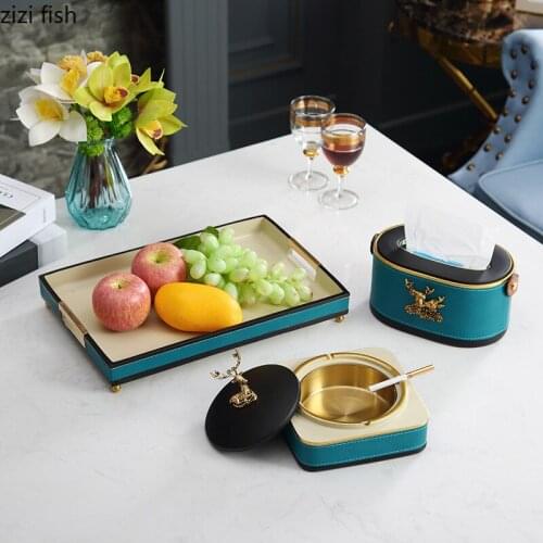 Resin Leather Blue Dried Fruit Box Snack Platter Tissue Box Ashtray Multifunction Storage Box Deer Decoration Organize Pallets