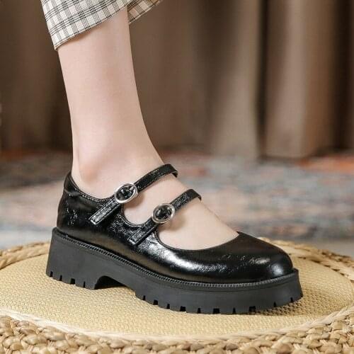 Strap Buckle Lolita Shoes Woman Platform Flats Round Toe Mary Jeans Women Leather Flats 2021 Sneakers Female Elevated Loafers