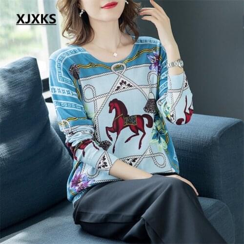 XJXKS Printed Sweater Fashion Women Animal Print Elastic O-Neck Long Sleeve Pullover Jumper Casual Loose Knit Women Sweater