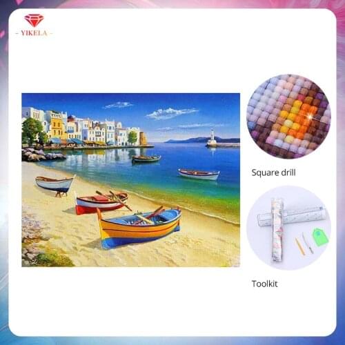 YIKELA 5D Seaside Scenery DIY Boat Diamond Painting Full Square Diamond Needlework Handicrafts Diamond Embroidery Wall Sticker