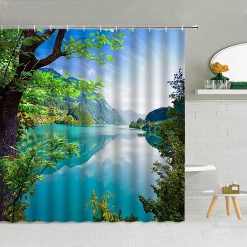 Natural Landscape Forest Shower Curtain Mountain Lake Waterfall River Lotus Bathroom Supplies Fabric Hanging Curtains Washable