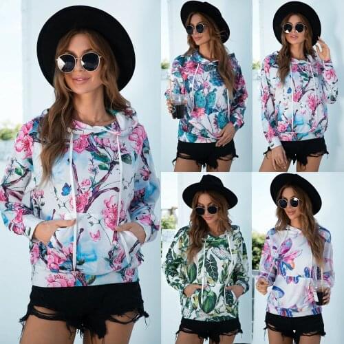 Women Floral Print Hooded Sweatshirt Top Autumn Winter New Drawstring Pocket Casual Loose Hoodies Pullover Long Sleeve Elegant