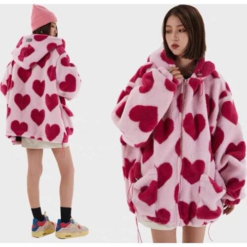 2020 Cute Heart-shaped Print Lambswool Winter Jacket Drawstring Pockets Zipper Hooded High Street Warm Couple Streetwear