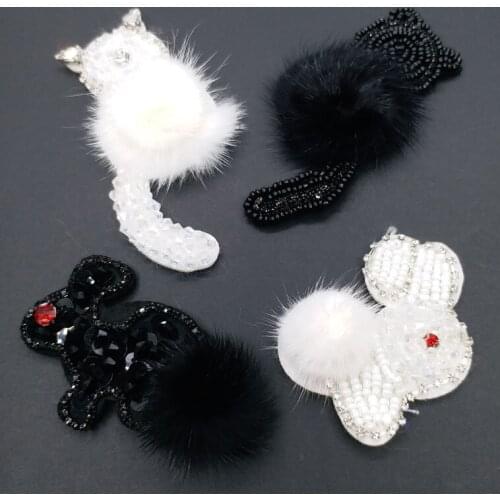 1pc Cat rabbit Handmade rhinestone beaded Patches for clothes Sew on sequins patch Applique embroidered parches bordados para