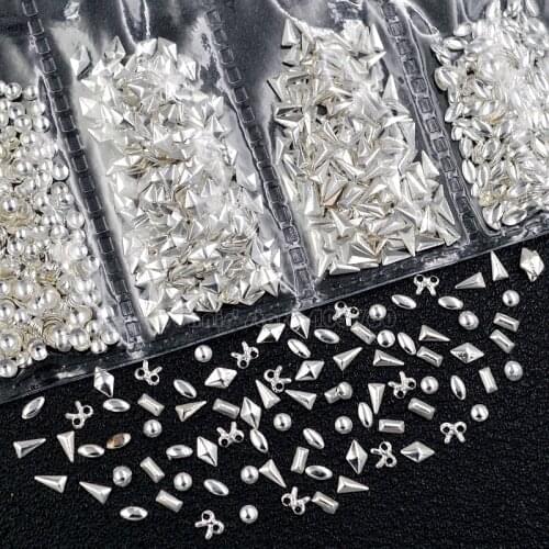 1 Pack Mix Shapes Silver 3D Solid Rectangle Triangle Round Rice Bow Tie Shape Metal Studs Nail Art Gems Decorations DIY Tip 28
