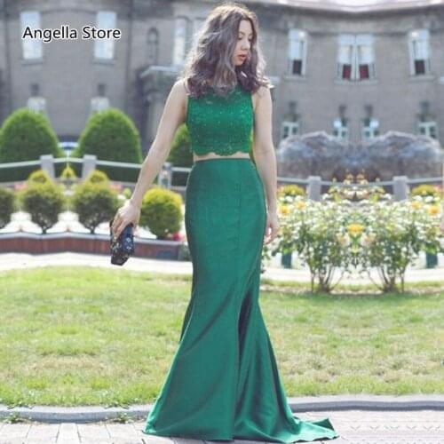2021 Two Pieces Mermaid Prom Dresses Sleeveless Tops Lace Beaded Green Long Formal Evening Gowns Bridesmaid Dress Occasion
