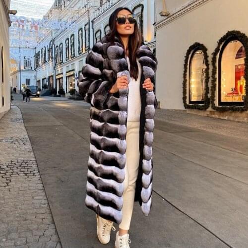 2021 New Real Rex Rabbit Fur Coat Turn-down Collar High Quality Chinchilla Color Genuine Rex Rabbit Fur Coats 120cm Long Outwear
