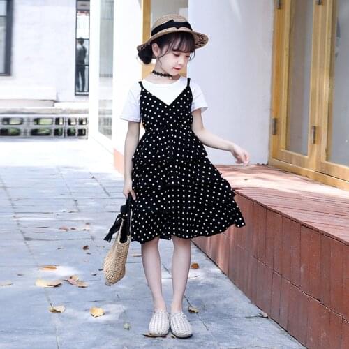 Kids Girl for clothes overall set summer Birthday party dot chiffon black white princess dress and t-shirt christmas outfits