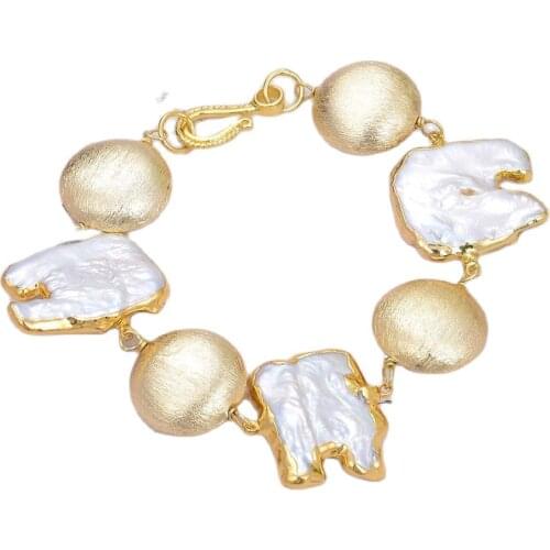 GG Jewelry Natural Freshwater Irregular Keshi Pearl Gold Color Plated Coin Beads Bracelet 8" Handmade For Women