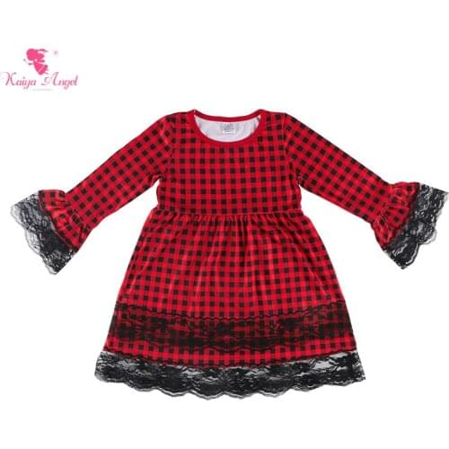 Kaiya Angel 2018 Kids Dress For Girls New Design Red And Black Plaid Fashion Clothes Princess Lace Cuff Party Dresses Wholesale