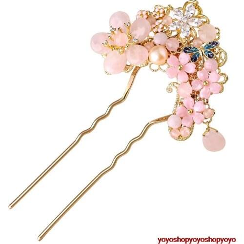 China JIANGNAN vintage nature jade pink crystal hairgrips "U"hairpins sticks hanfu kimono cosplay Chinese accessories