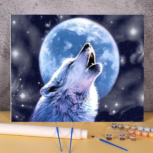 Moon And Wolf Paint By Numbers Complete Kit Acrylic Paints 40*50 Canvas Painting Loft Picture Crafts For Adults Handiwork Art