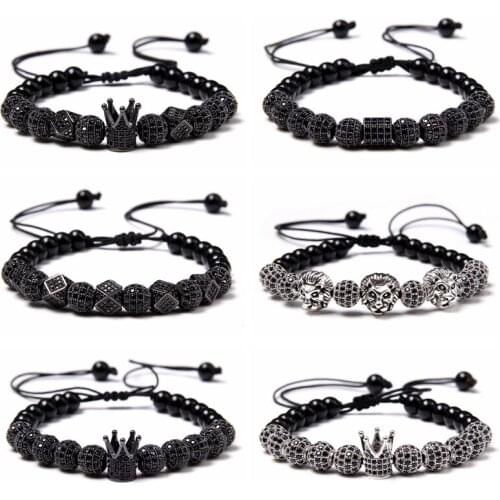 Trendy Crown lion CZ Zircon Pave Weaving Bracelet Homme Men Women black metal Beads rope Bracelet Luxury Jewelry High Quality