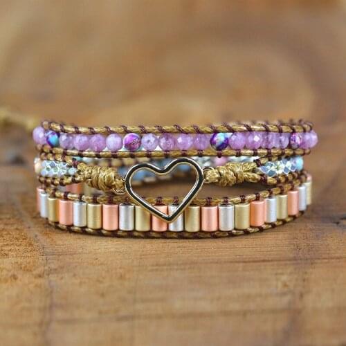 2021 New Love Bracelet Natural Stone Hand Woven Leather Bracelet Black Gallstone Energy Lovers Peach Heart Bracelet Gift