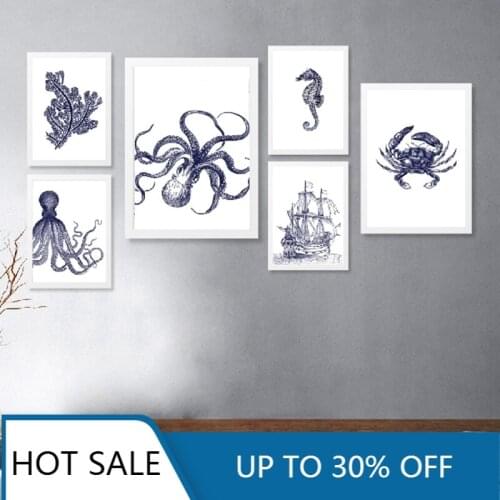 Octopus Nautical Vintage Wall Art Canvas Painting Posters and Prints Kraken Octopus Sea horse Pictures Rustic Bathroom Decor