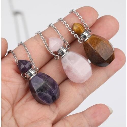 Natural Roses Quartz Perfume Bottle Pendant Necklace For Women Tiger Eye Stone Essential Oil Silvery Chains Necklace DSS-268JBBE