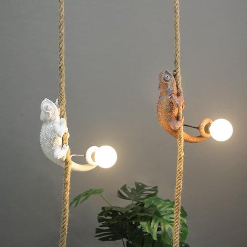 Resin White color chameleon Pendant Light For Living Room Hemp Rope Pendant Lamp Art Study Room Led lizard Animal Light Fixtures