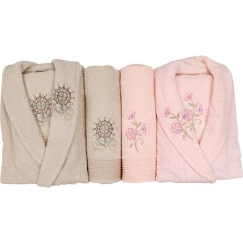 Scar Embroidered 100 Cotton 4 Piece Bathrobes Set Cappucino Powder