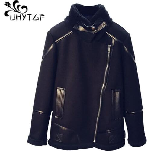 UHYTGF Winter coats female Quality lambswool wool coat women Black Loose Plus Size tops Fashion splice elegant ladies jacket 600