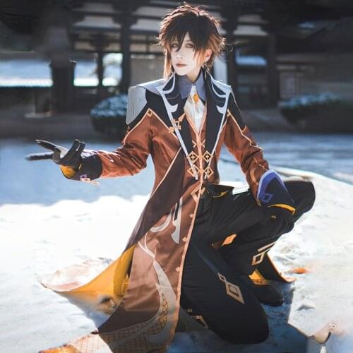 Game Genshin Impact Cosplay Zhongli uniform suits Costume Zhong li Cosplay 90cm Long Christmas Brown Orange Wig Cosplay Anime