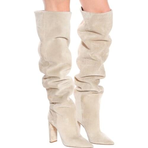 Suede Over Knee Womens Casual Boots Thick Heel Pointed Low Waist Boots Womens Winter High Heels 2020 Thigh High Boots