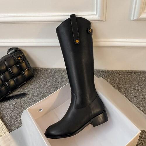 Womens high boots Mid Calf Cow Leather Woman Boots With Rivets Warm Slip On Winter Shoes Riding Equestrian Boots botas de mujer