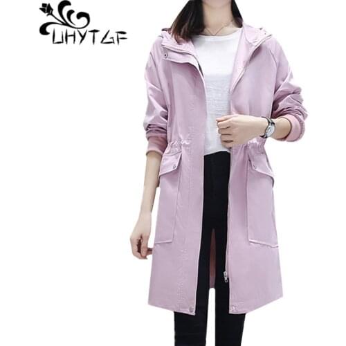 UHYTGF Womans fashion trench coat Hooded zipper casual spring autumn windbreaker female 2019Korean Oversized long coat women 845