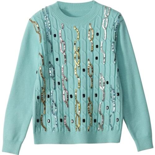 Autumn Winter Women Sweaters Heavy Embroidery Sequins Beaded Twisted All-Matching Knitwear Pink Top Loose High Quality Pullover