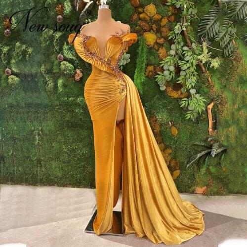 Gold Velvet Evening Dresses Saudi Arabia Split Side Beaded Prom Dress Vestido De Festa 2021 Celebrity Dresses Woman Party Night