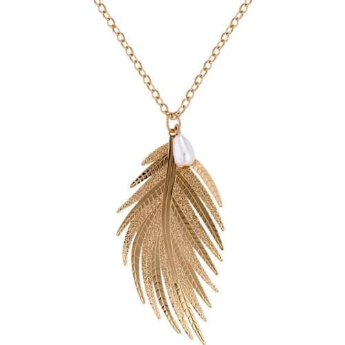 Dreamtop Fashion Leaf Pendant Necklace Necklaces for Women Female Long Pendants Jewelry Simulated Pearl Sweater Necklace N01