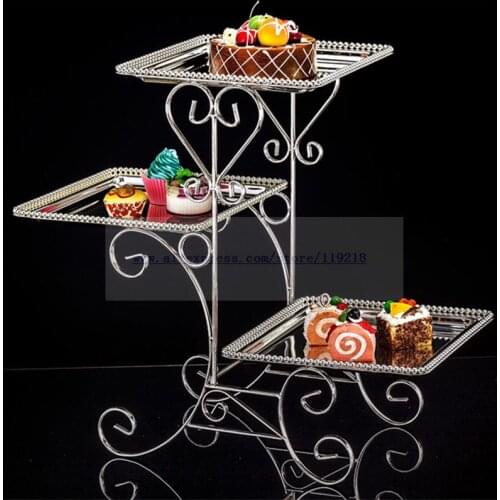 1 PCS Silver plated three-layer square snack stand creative wedding dessert set multi-layer cake rack buffet rack