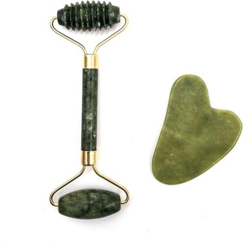 2pcs Facial Massager Roller Natural Jade Stone Guasha Board Scraper Set Face Lift Skin Relaxation Slimming Beauty Neck Thin Lift