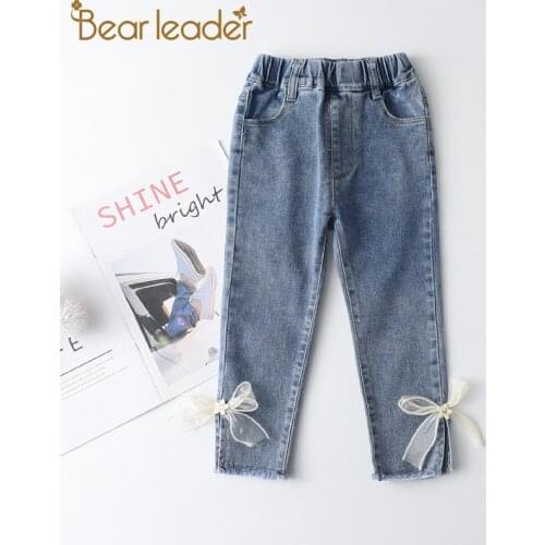 Bear Leader Kids Girls Casual Jeans New Autumn Fashion Denim Pants Girl Solid Bowtie Jeans Baby Trousers Cute Leggings 3-7 Years