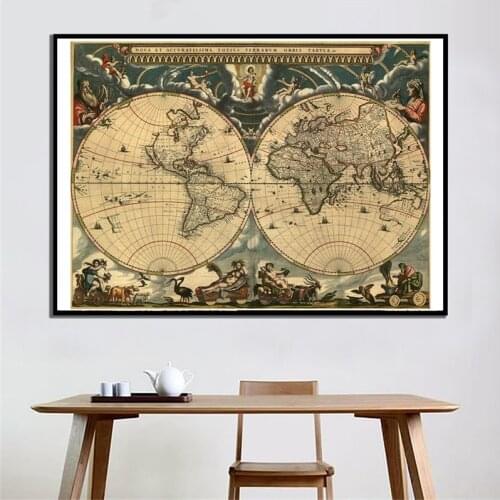 Large World Map Poster Foldable Classic Edition Map of The World Retro Decorative Wall Sticker for Education School Office Decor