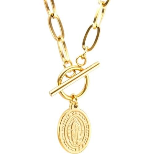 100% Stainless Steel Virgin Mary Coin Toggle Necklace For Women Gold/Silver Color Metal Virgin Mary Chunky Chain Toggle Choker