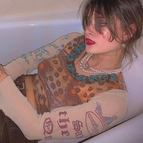 Indie Aesthetics Retro Pattren Mesh T-shirts 90s Fashion Slim O-neck Flare Sleeve Cropped Y2K Tops E-girl Vintage Tees