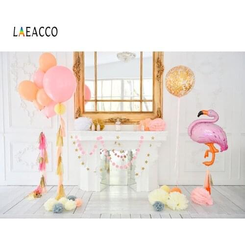 Laeacco Flamingo Balloons Mirror Fireplace Birthday Baby Photography Backgrounds Custom Photographic Backdrops For Photo Studio