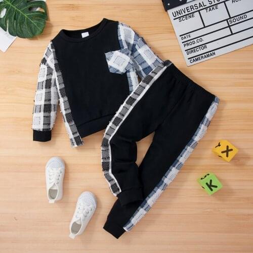 PatPat 2-piece Toddler Boy Plaid Colorblock Long-sleeve Top and Elasticized Pants Casual Set