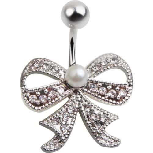 Navel piercing clear crystal butterfly with pearl 14g 316L steel body jewelry belly button rings bar 1pc